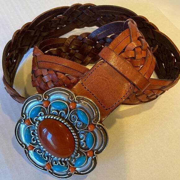 Olga Santini genuine brown leather western belt with large jeweled buckle, M main image 8